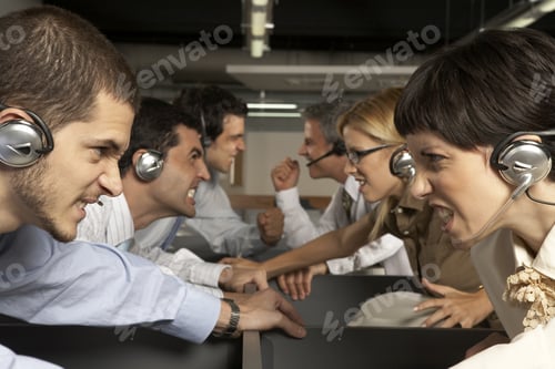Preview: Group Of Customer Service Representatives Looking At Each Other And Clenching Teeth