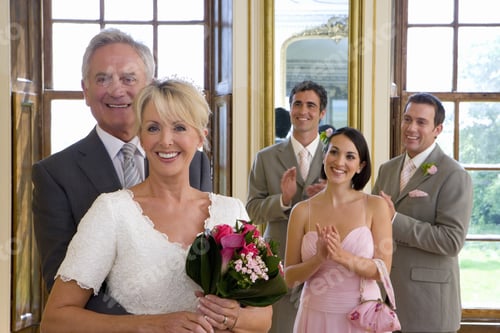 Preview: Bride And Groom By Bridesmaid And Ushers Clapping, Smiling, Portrait