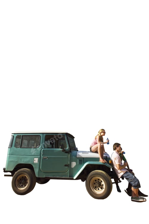 Preview: Four Young Adults Leaning Against Bonnet Of Jeep, Profile, Cut Out