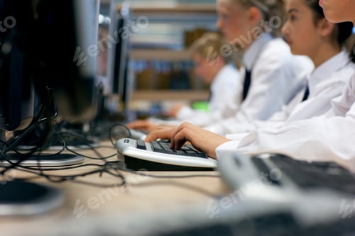 Preview: Line Of High School Students In Uniform Using Computers In Library