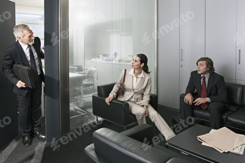 Preview: Mature Businessman Leaning Out Of Office, Calling Businesswoman To Interview, Woman Sitting In Chair