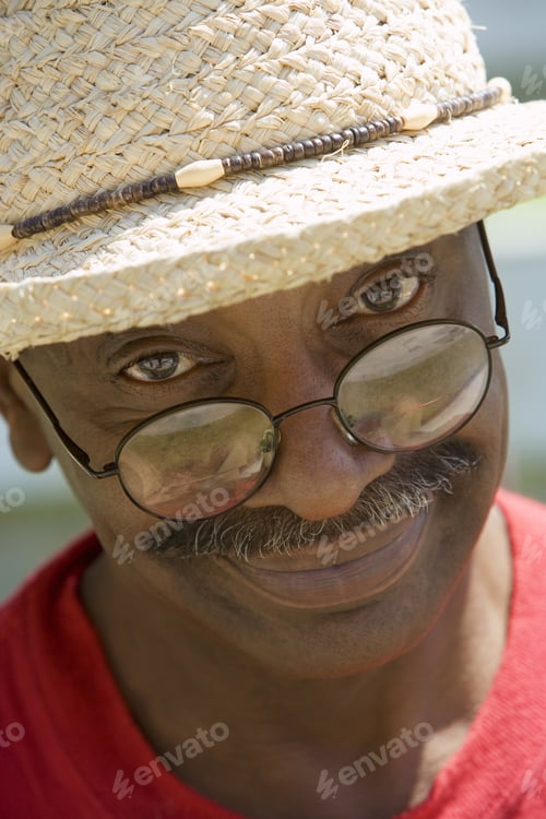 Preview: Senior Man With Moustache, Wearing Straw Hat And Spectacles, Smiling, Close-Up, Portrait