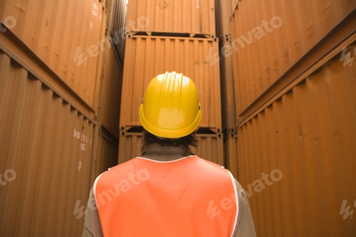 Preview: Rear View Of A Male Dock Worker Wearing A Hardhat