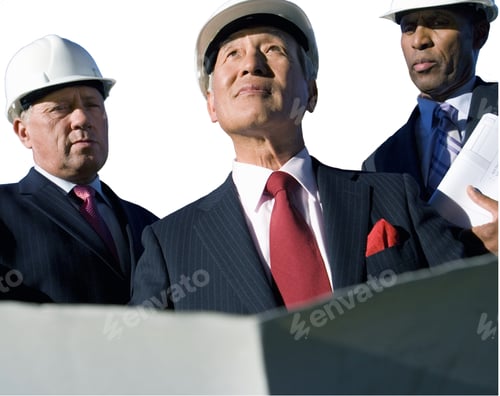 Preview: Businessman With Blueprint By Colleagues, In Hardhats, Low Angle View, Cut Out
