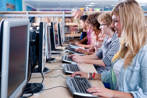 Preview: Line Of High School Students Working In Computer Science Class