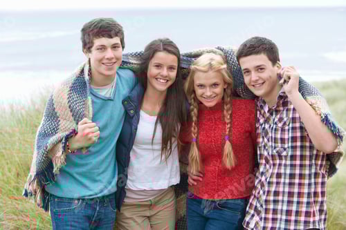 Preview: Group Of Teenage Friends Wrapped In Blanket On Winter Beach Smiling At Camera