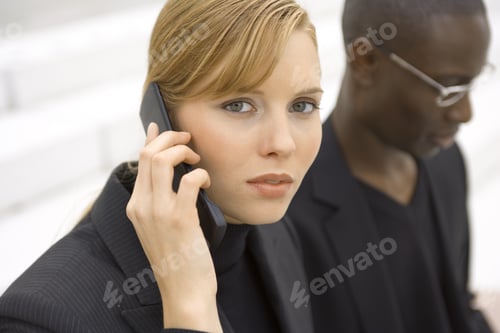 Preview: A Businesswoman Talking On Her Phone, Next To Her A Businessman