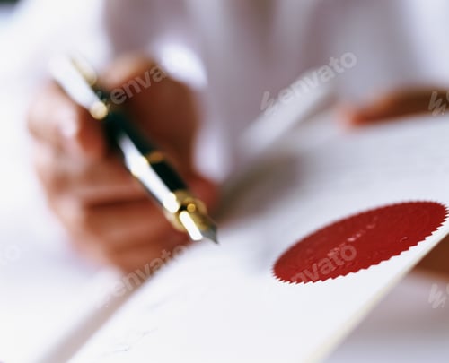 Preview: Businessman Signing Contract With Red Seal Using Fountain Pen