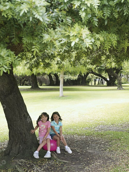 Preview: Two Girls Sitting On Pink Space Hopper Beneath Tree In Park, Smiling, Portrait