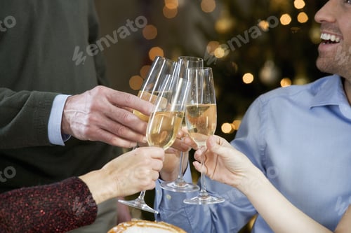 Visualização: Uma família comemorando o Natal com uma taça de champanhe