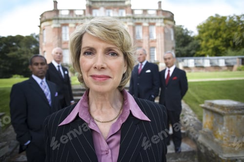 Preview: Businesswoman By Colleagues In Grounds Of Manor House, Portrait, Close-Up