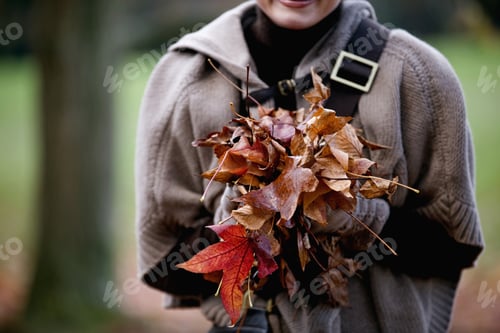 Preview: A Woman Holding A Handful Of Autumn Leaves