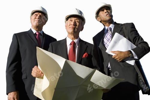 Preview: Businessman With Blueprint By Colleagues, In Hardhats, Low Angle View, Cut Out