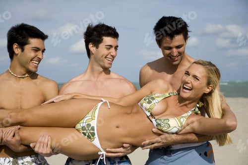 Preview: A Young Woman In A Bikini With Three Male Admirers