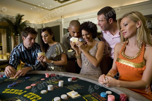 Preview: Young Men And Women Gambling At Poker Table In Casino, Smiling