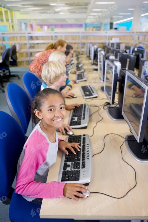 Preview: Smiling Student Using Computers In School Computer Lab