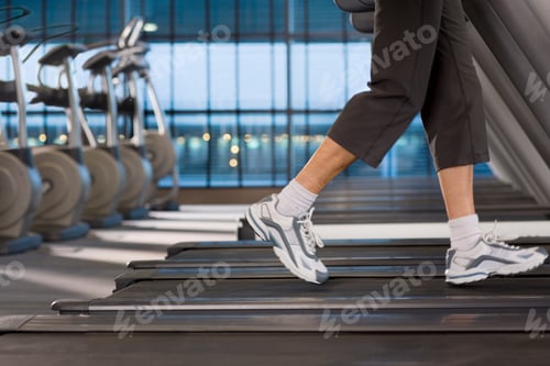 Preview: Detail Of Active Woman Running On Treadmill In Health Club Gym