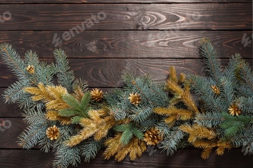 Preview: Christmas Fir Branches On Old Dark Wooden Background