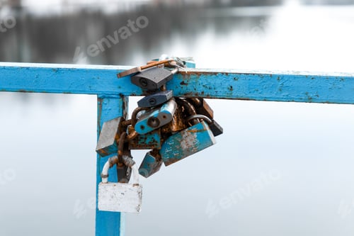Preview: Colored Locks On The Bridge Over The River. Colored Locks For Love Forever