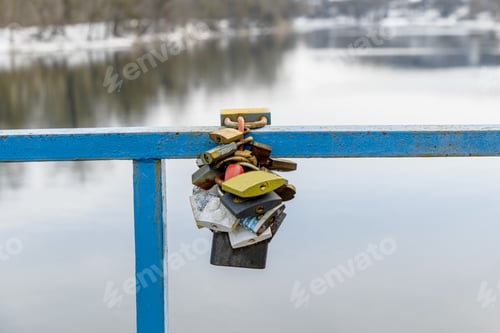 Preview: Colored Locks On The Bridge Over The River. Colored Locks For Love Forever