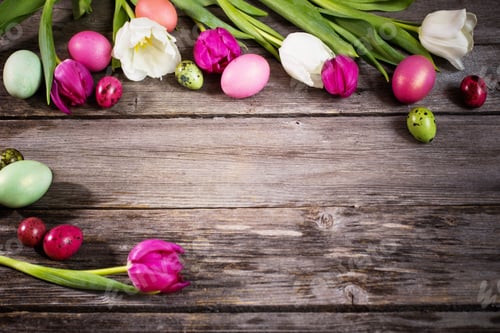 Preview: Tulips And Easter Eggs On Wooden Background