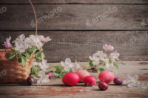 Preview: Easter Eggs And Apple Flowers On Wooden Background