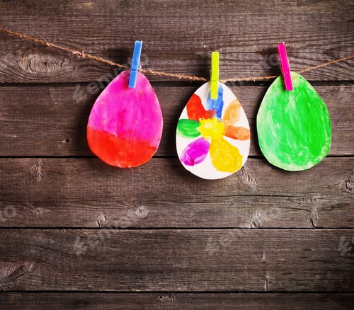 Preview: Child'S Drawing Of Easter Eggs On Wooden Background