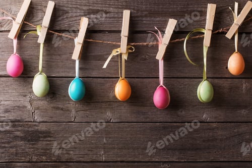 Preview: Easter Eggs Attach To Rope With Clothes Pins On Wooden Background