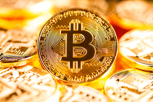 Preview: Stack Of Golden Bitcoins. Business Background Concept With Golden Bitcoin Criptocurrency
