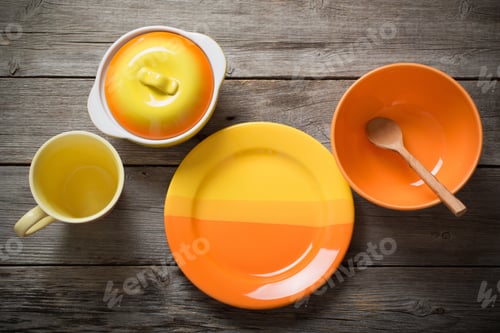 Preview: Different Tableware On Wooden Background