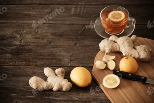 Preview: Cup Of Ginger Tea On A Wooden Table