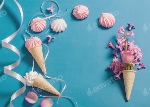 Preview: Meringue Pie And Flowers In A Waffle Horn On A Blue Background
