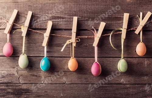 Preview: Easter Eggs Attach To Rope With Clothes Pins On Wooden Background