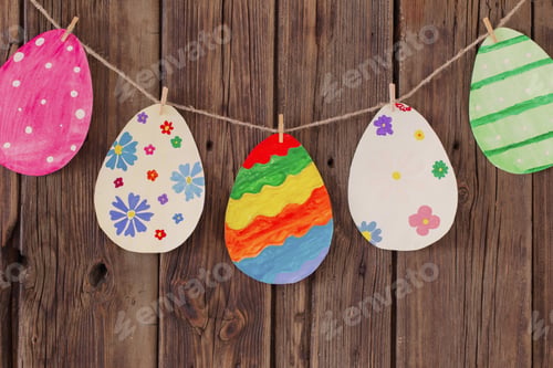 Preview: Paper Easter Painted Eggs Painted Hang On Clothespins On Background Old Wooden Wall.