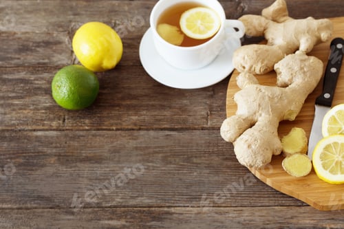 Preview: Cup Of Ginger Tea On A Wooden Table