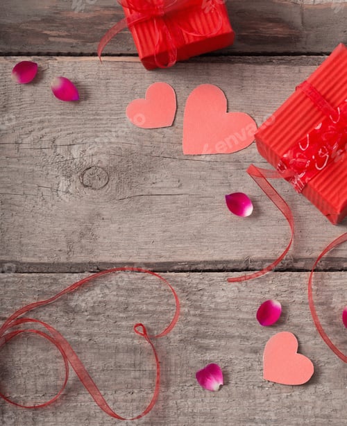 Preview: Valentine Gift Box And Red Heart Shapes On Wooden Board