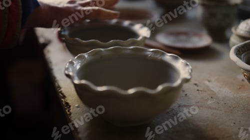 Preview: Closeup Unknown Woman Touching Clay Bowls In Pottery. Unrecognized Female Ceramist Checking Clay