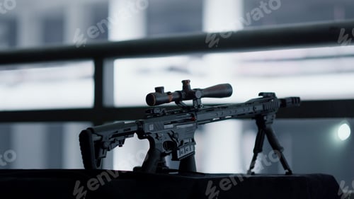 Preview: Sniper Rifle With Telescopic Sight Mounted On Bipod. Closeup Assault Rifle With Optical Sight