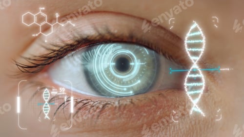 Preview: Closeup Eye Dna Hologram Checking Process Device Collecting Biometrical Data. Futuristic Medical