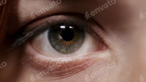 Preview: Closeup Woman Eye On Videotaping In Atelier. Macro Of Female Eye Looking At Camera Indoors. Unknown