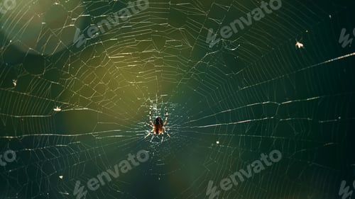 Preview: Forest Insect Hanging Cobweb In Sunlight Wild Woods Countryside. Rainforest Close Up Little Cute