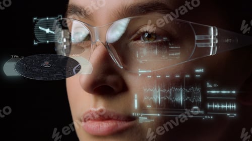 Preview: Smart Route Map Eyeglasses Locating Person In City Displaying Information Closeup. Woman Specialist