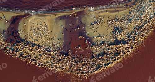 Preview: Drone View Salt Island In Pink Water Surface. Top View Salt Coastline With Small Birds. Birds