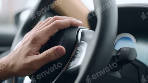Preview: Close Up Nervous Driver Beeping In Luxury Car. Closeup Male Hand Pushing Horn On Leather Steering