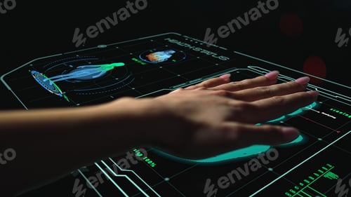 Preview: Futuristic Medical Biometrical Scanner Analysing Hand Checking Health Level Closeup. Digital