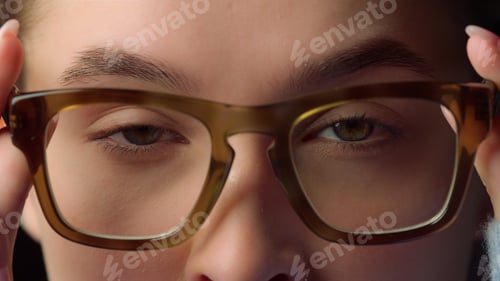 Preview: Macro Portrait Of Serious Businesswoman Wearing Glasses For Working In Office. Concentrated Young