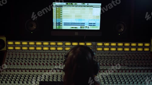 Preview: Unrecognizable Sound Engineer Working In Music Studio. Rear View Of Man Touching Soundboard Indoor