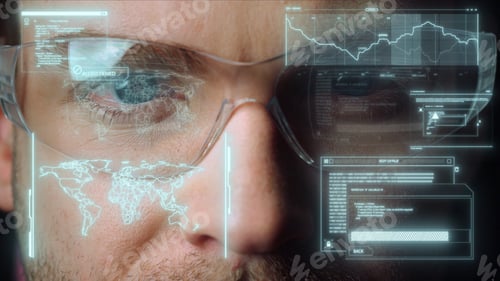 Preview: Closeup Digital Entrepreneur Hologram Glasses Displaying Important Global Data Graphs. Businessman