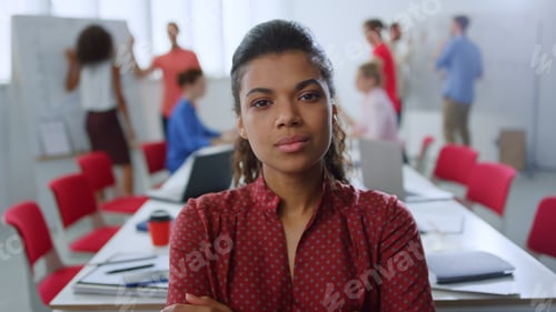 Preview: Portrait Of Afro Business Woman Looking At Camera In Meeting Room. Closeup Confident African Woman