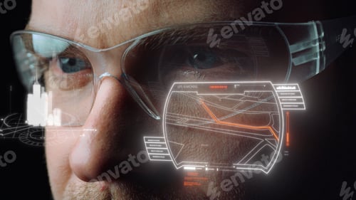 Preview: Close Up Futuristic Navigation Glasses Displaying City Location Route Monitoring Roads. Modern